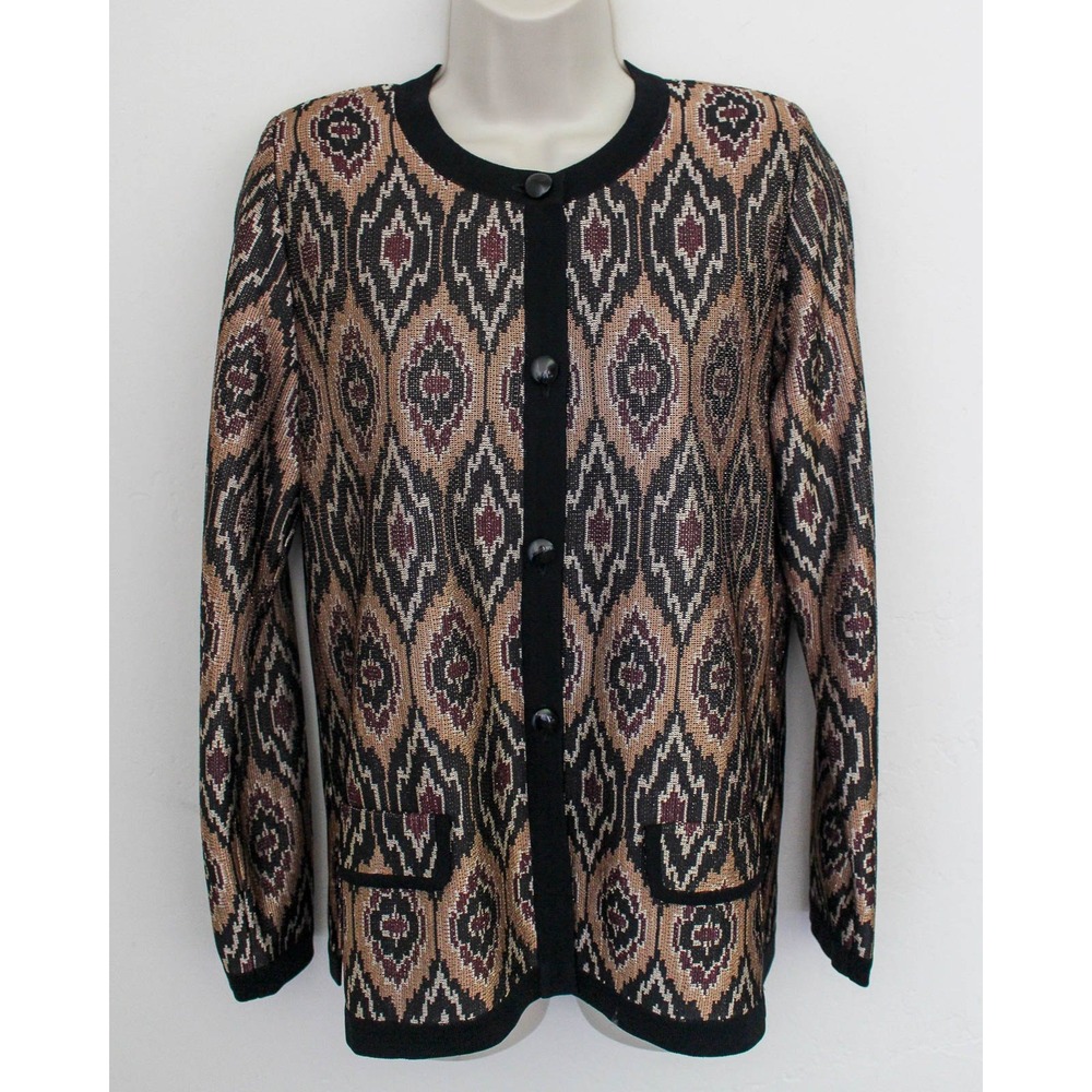 Exclusively Misook Cardigan Jacket XS Brown Ikat Diamond Knit Button Front